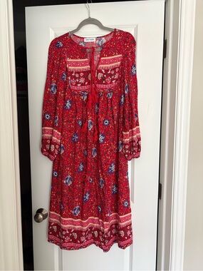Luna Tuccini Red Floral Boho Midi Dress Size 4 Tassel Long Sleeve